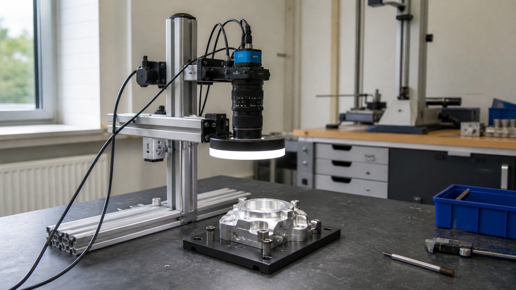 Illustrative computer vision prototype inspecting a machined component on a lab bench