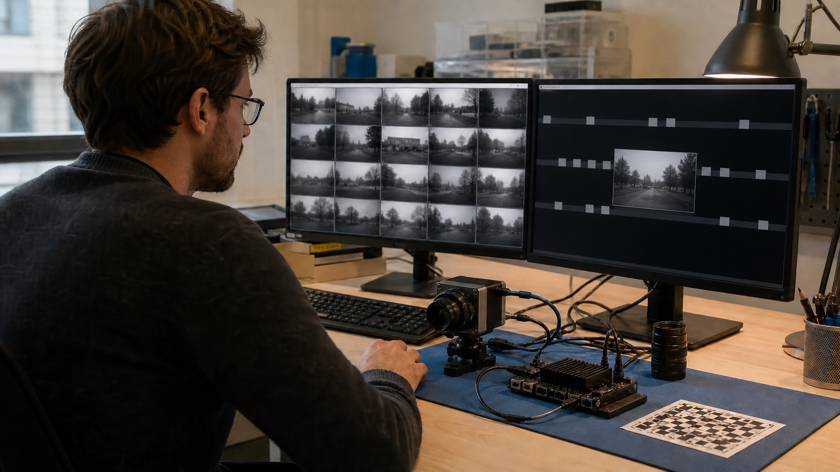 Illustrative engineer reviewing source frames beside a camera and edge computing prototype